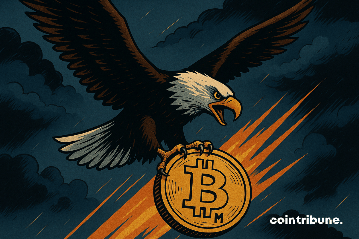 Un aigle américain majestueux, ailes déployées, fonce à travers un ciel orageux en saisissant un gigantesque Bitcoin doré marqué "3,7 M" dans ses serres, symbolisant la puissance des États-Unis s’emparant massivement de la cryptomonnaie.