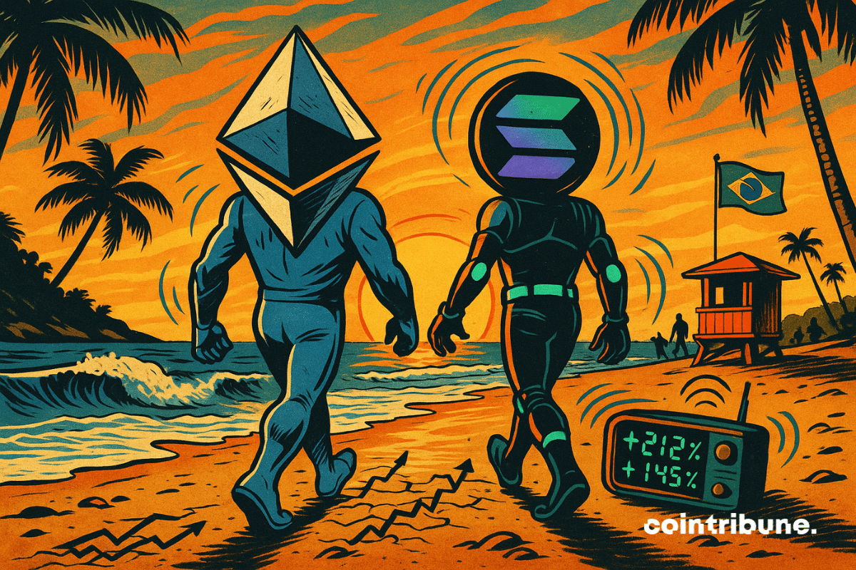 Dos figuras criptográficas caminando por la playa