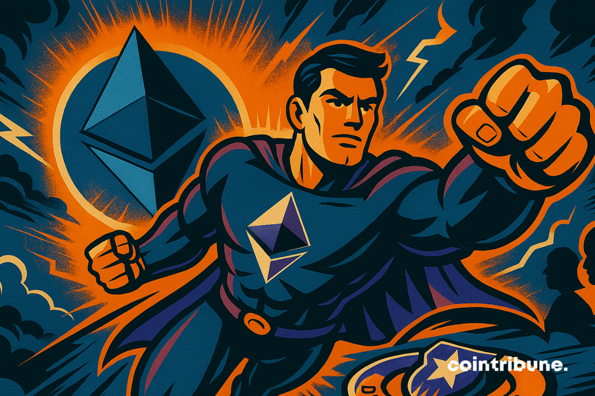 Super-héros prenant son envol avec comme toile de fond un soleil au logo d'Ethereum
