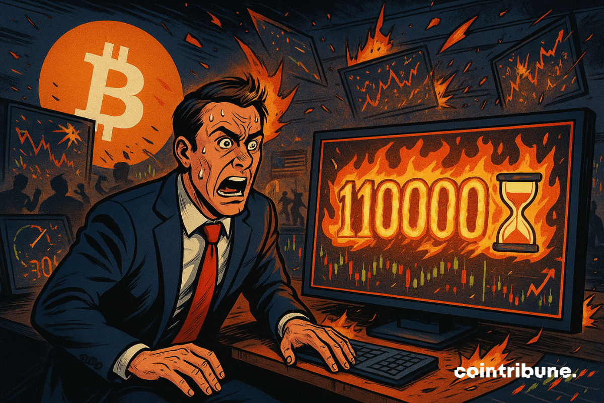 Panic-stricken bitcoin trader views screen showing price of $110,000