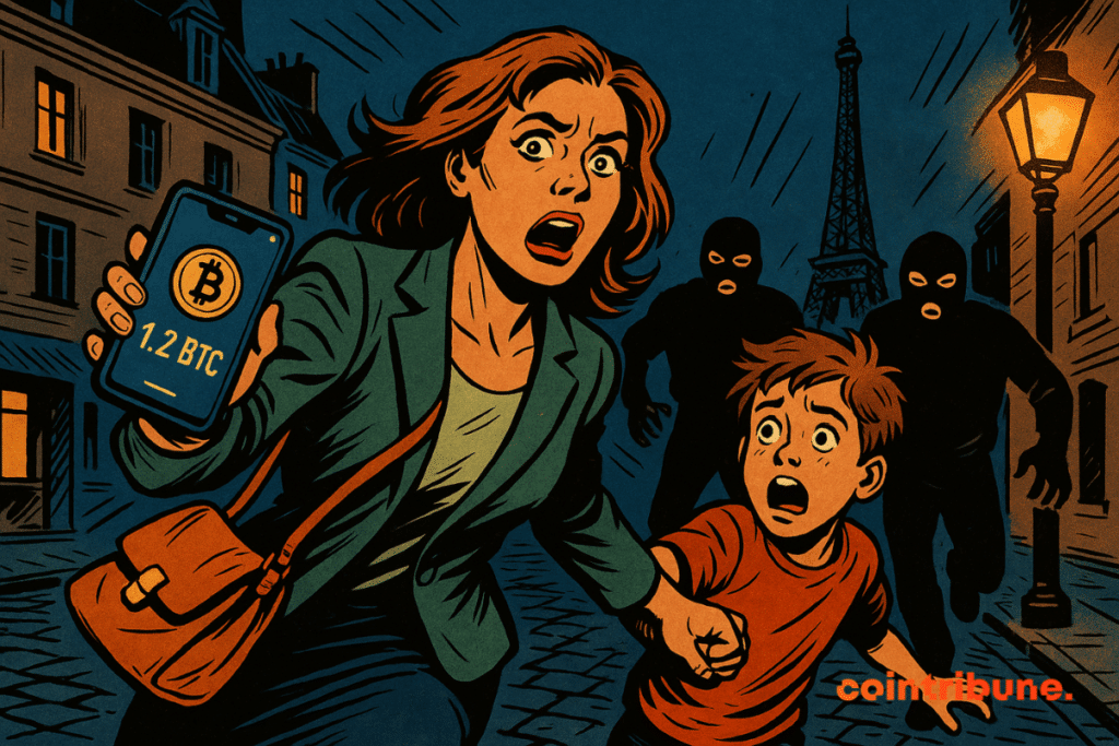 A woman with crypto holding the hand of a panicked young boy flees a street.