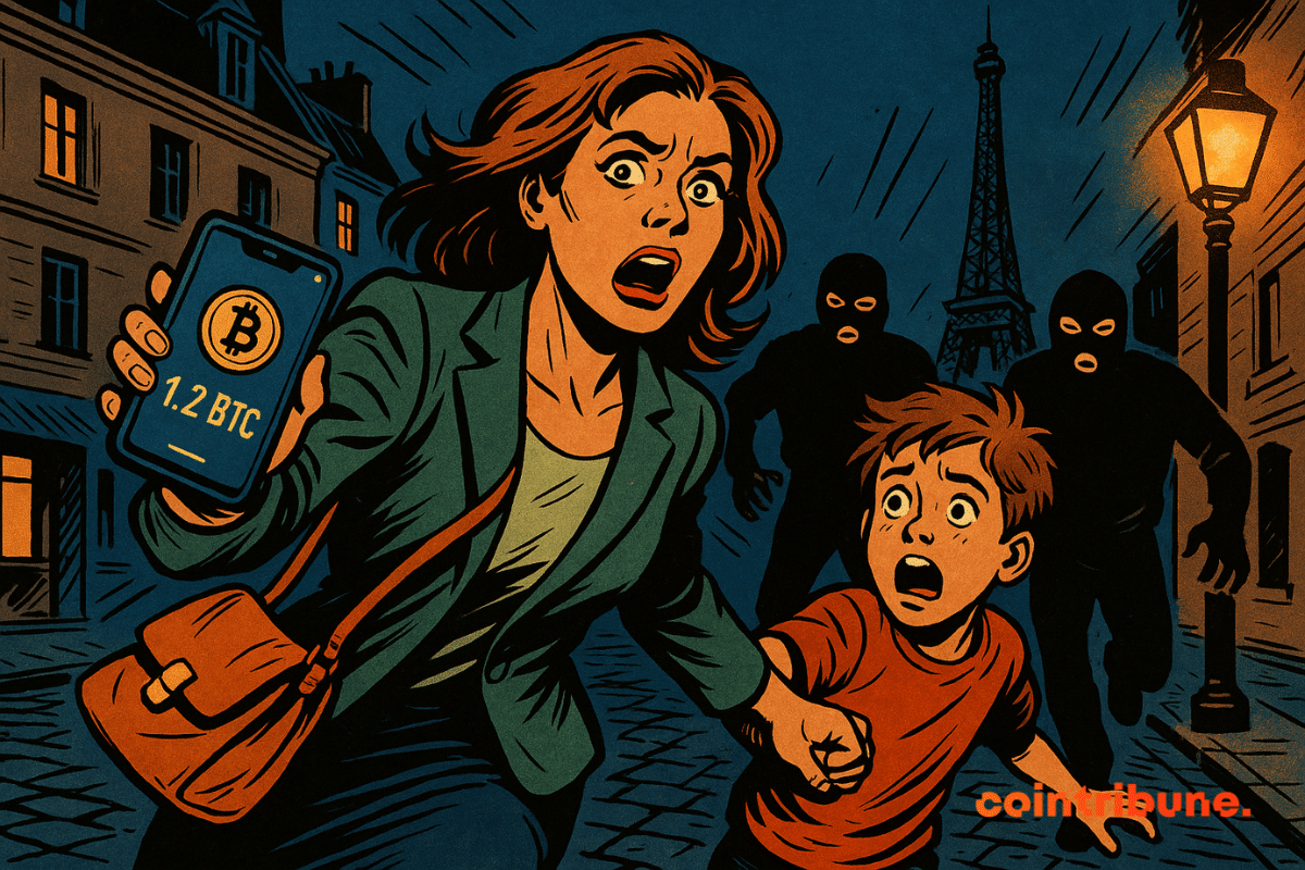 Une femme possédant les cryptos fuit en tenant la main d’un jeune garçon paniqué dans une rue.