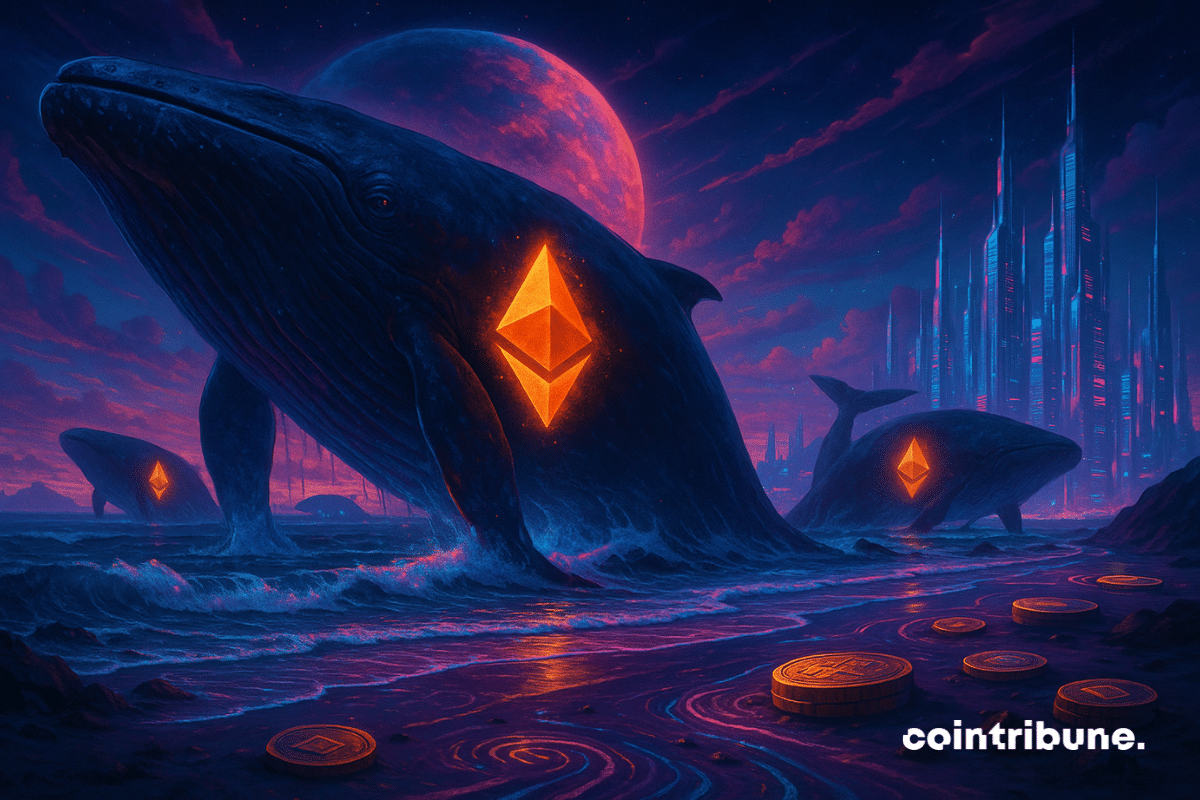 Illustration de trois baleines marquées du logo de la crypto Ethereum.
