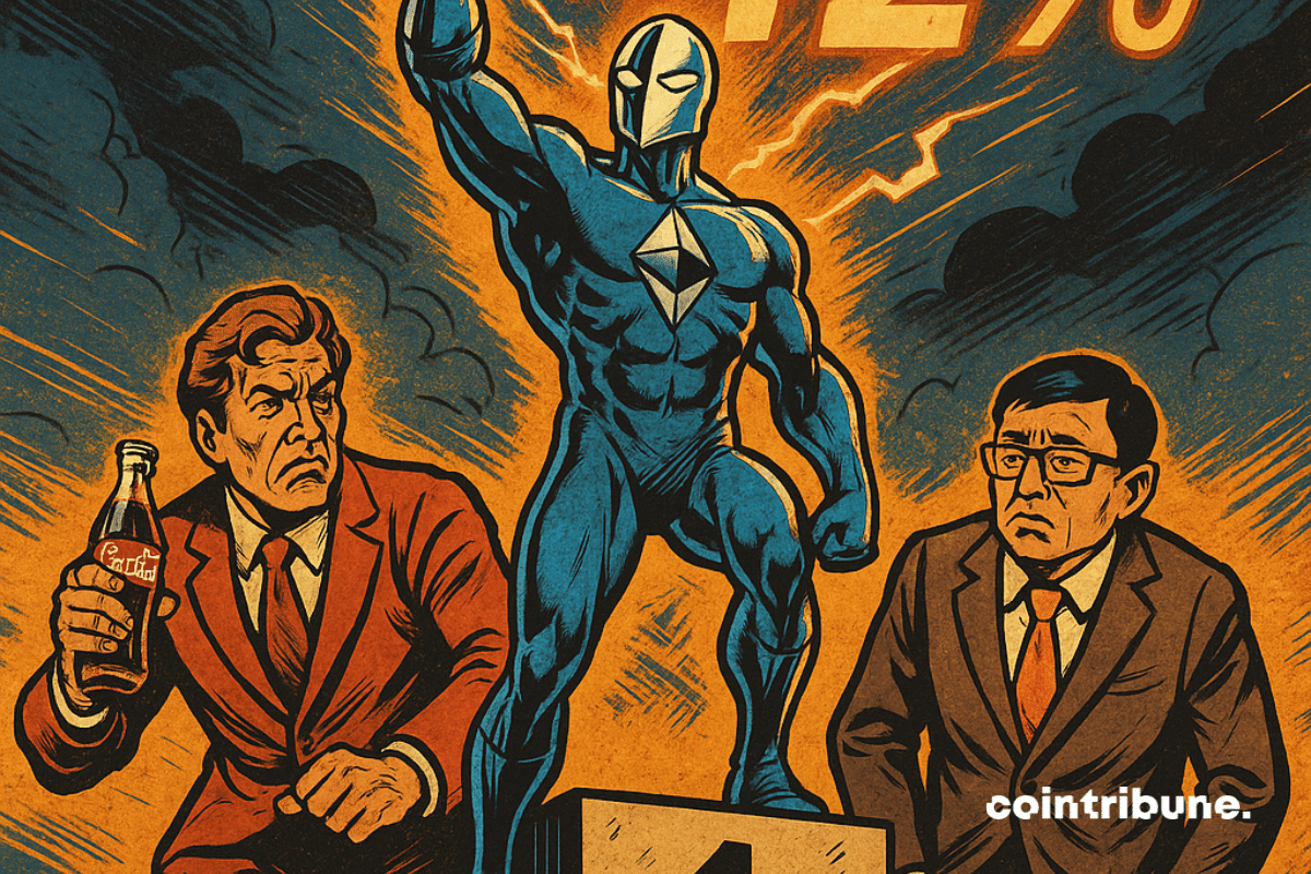 Illustration d'un super-héros représentant la crypto Ethereum qui triomphe sur la première marche d’un podium face à Alibaba et Coca-cola