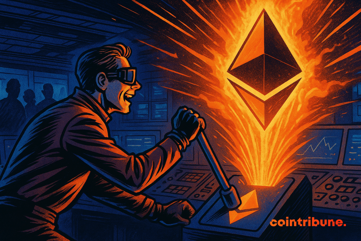 Ilustración de una persona que sostiene una palanca gigante con el logotipo de Ethereum.