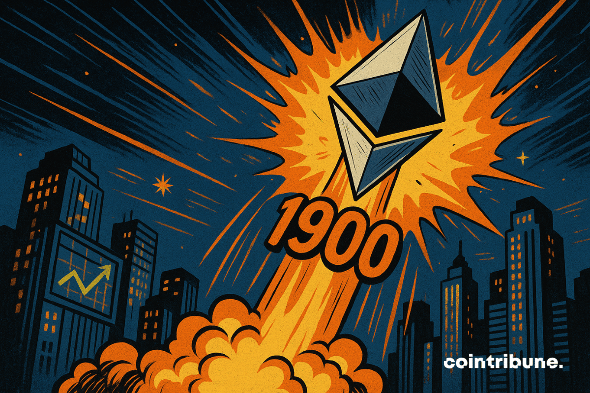 Fusée crypto en forme de logo Ethereum s’envole au-dessus de la ville, laissant « 1900 » en traînée.