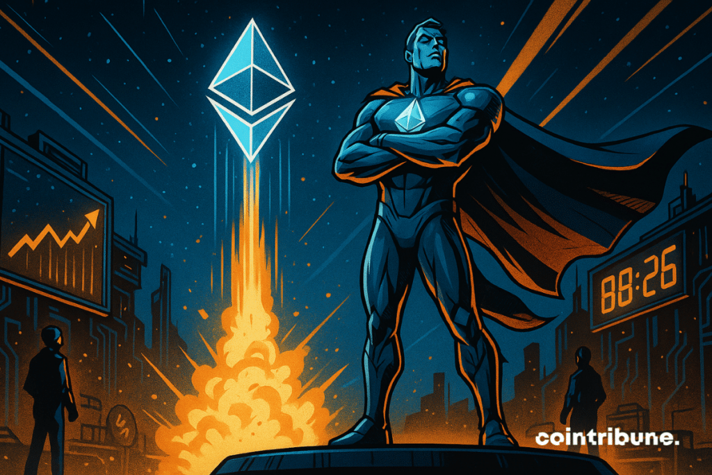 La criptomoneda Ethereum personificada como un superhéroe tecnológico levitando sobre una plataforma de lanzamiento.