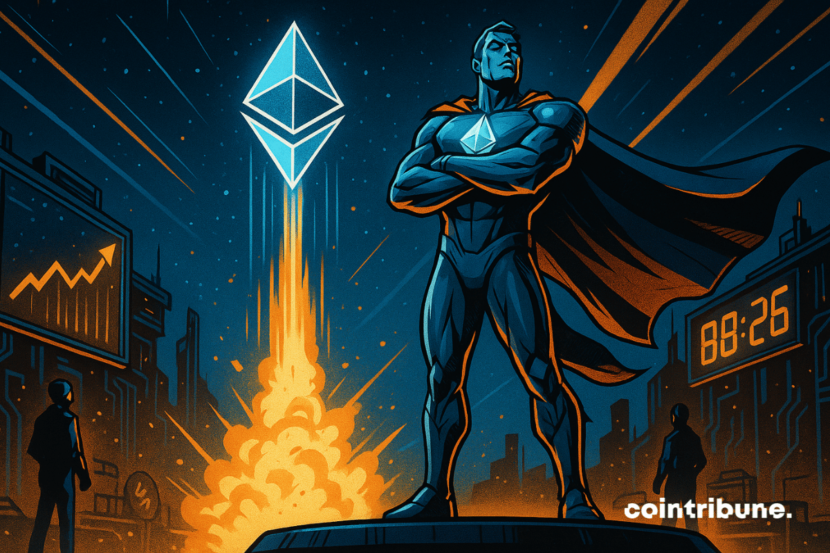 The Ethereum cryptocurrency personified as a tech superhero levitating above a launch pad.