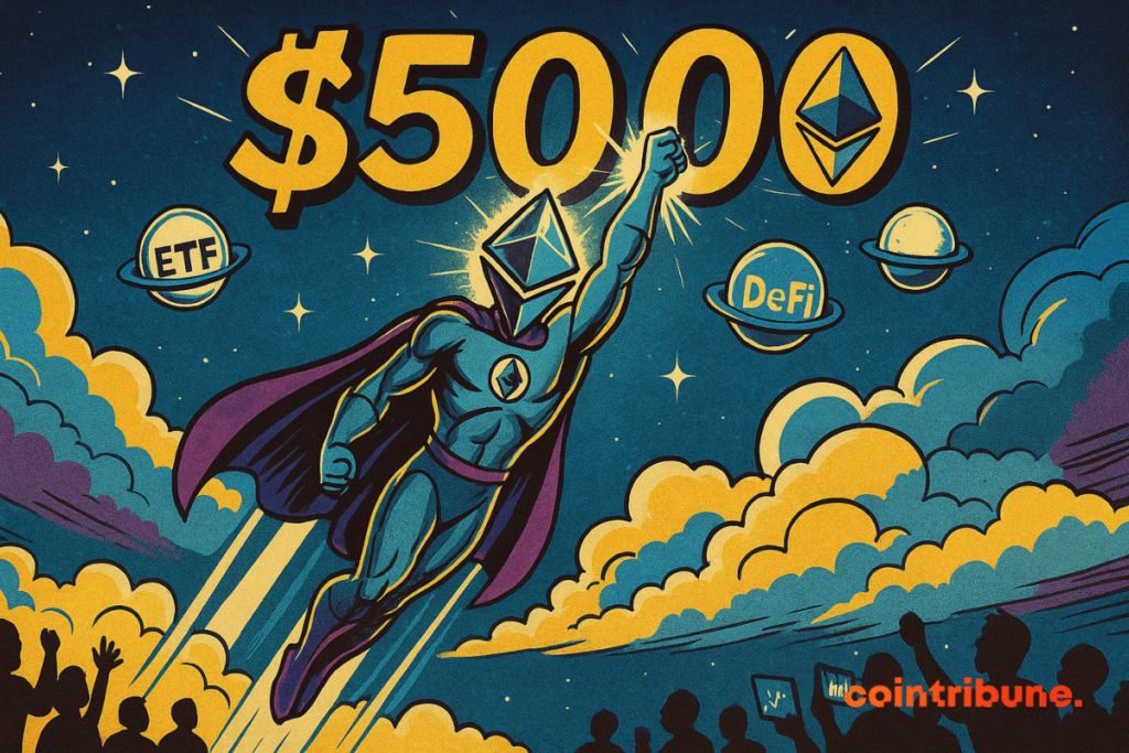 Un super-héros crypto Ethereum décolle à toute vitesse en direction d’un gigantesque “5000$” doré, suspendu au-dessus des nuages.