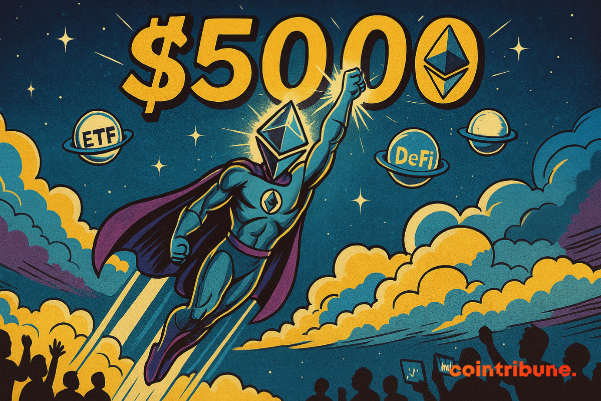 Un super-héros crypto Ethereum décolle à toute vitesse en direction d’un gigantesque “5000$” doré, suspendu au-dessus des nuages.