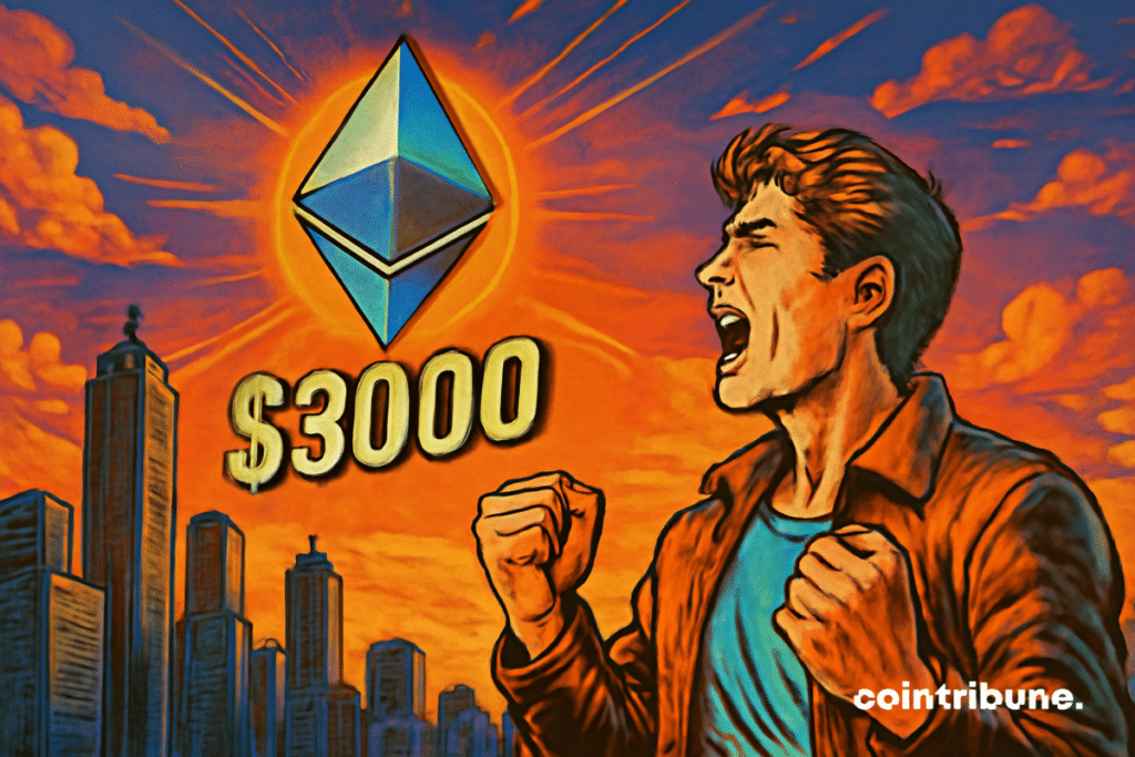 Illustration d'un homme criant de joie face à un logo de la crypto Ethereum et au chiffre "00".