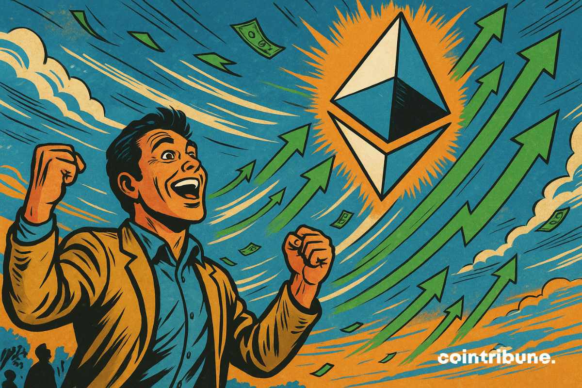 illustration of a euphoric man raising his arms under a swirling sky, while a gigantic Ethereum crypto logo rises into the air