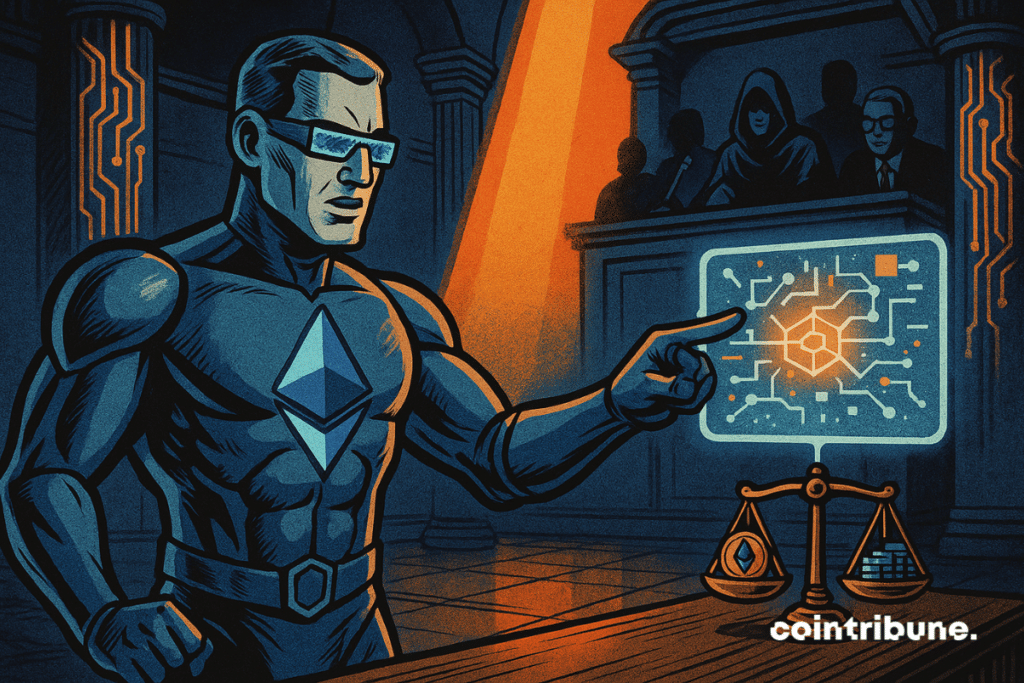 Ethereum personificado como un abogado tecnológico futurista. Está en el estrado.