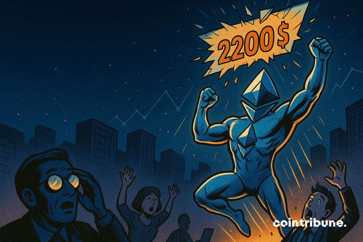 La crypto Ethereum personnifié comme un super-héros élancé, en plein saut vertical, bras tendus vers le ciel, jambes repliées comme s’il perçait une limite invisible.