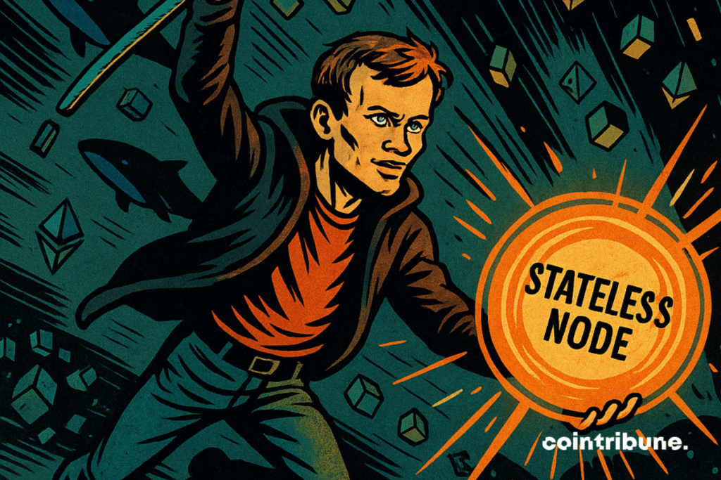 Vitalik Buterin holding a flag shaped like a stateless node, symbolising Ethereum's decentralised future.