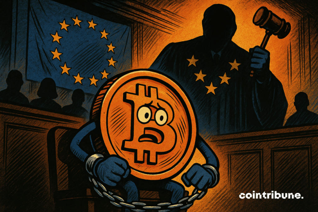 Representation of an anthropomorphized bitcoin, handcuffed and visibly worried.