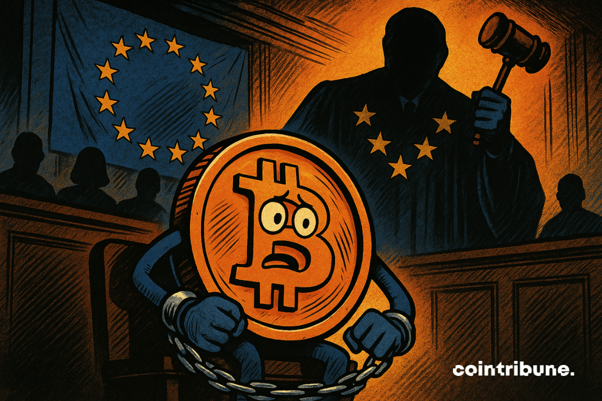 Représentation d'un bitcoin anthropomorphisé, menotté et visiblement inquiet
