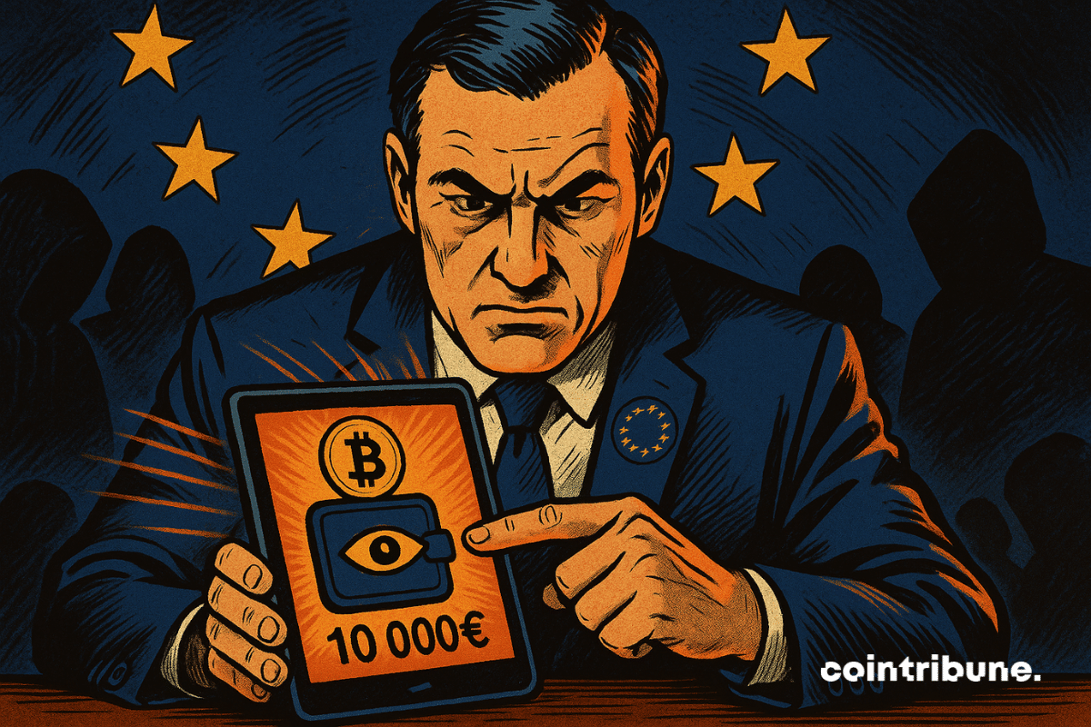 Un inspecteur pointe du doigt un écran numérique affichant un portefeuille crypto marqué "10 000€" et un symbole de surveillance.