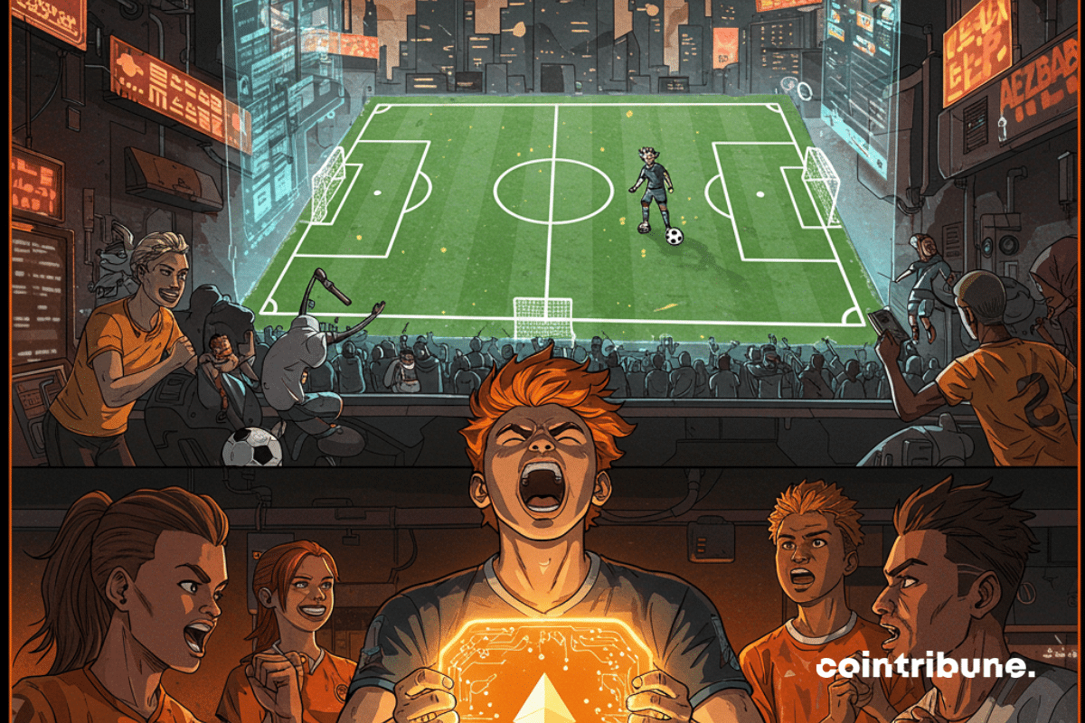 Illustration of the palpable enthusiasm for the integration of Ethereum NFTs into FIFA virtual soccer lights up the crowd.