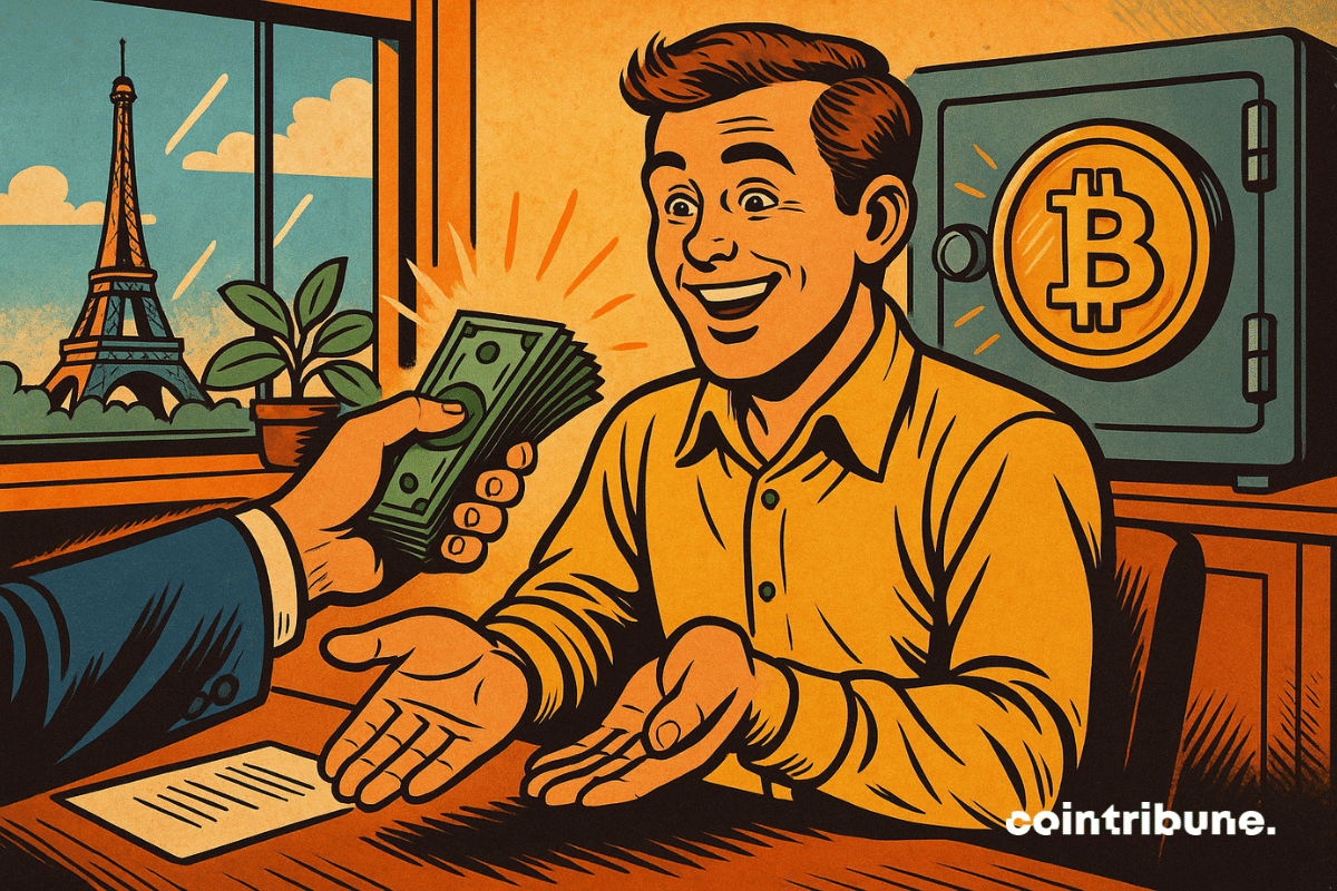Individu acceptant des billets d'euros, derrière lui se trouve un coffre-fort bitcoin