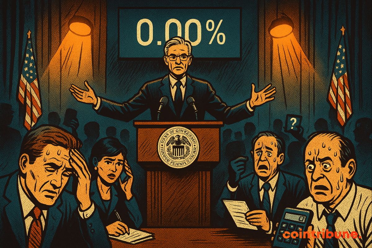 Jerome Powell, impassive, in a dark suit, arms open over a podium adorned with the official Fed seal, delivers a speech that freezes a crowd of tense investors — some seated, others standing, some feverishly taking notes, others holding their heads or sweating.