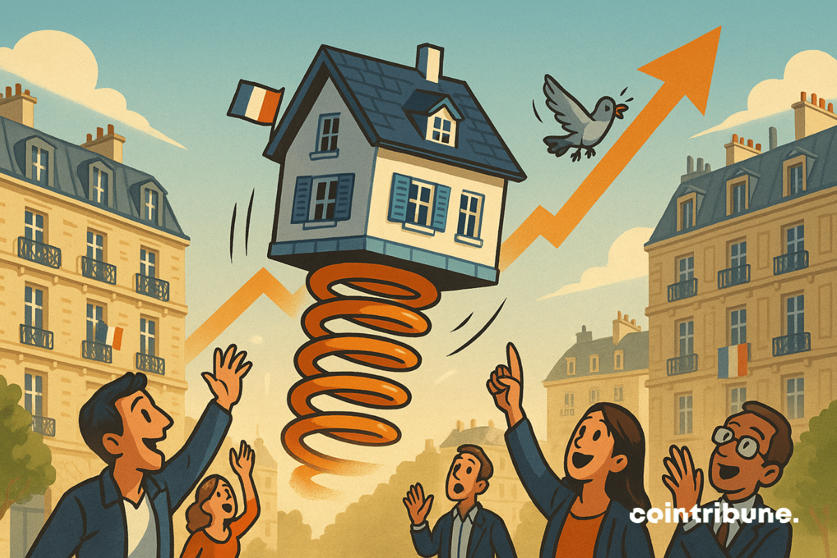 A stylized house (slate blue roof, light-colored walls, white shutters) is being launched into the air by a giant bright orange spring placed beneath its foundations, symbolizing the rise in real estate prices in France.