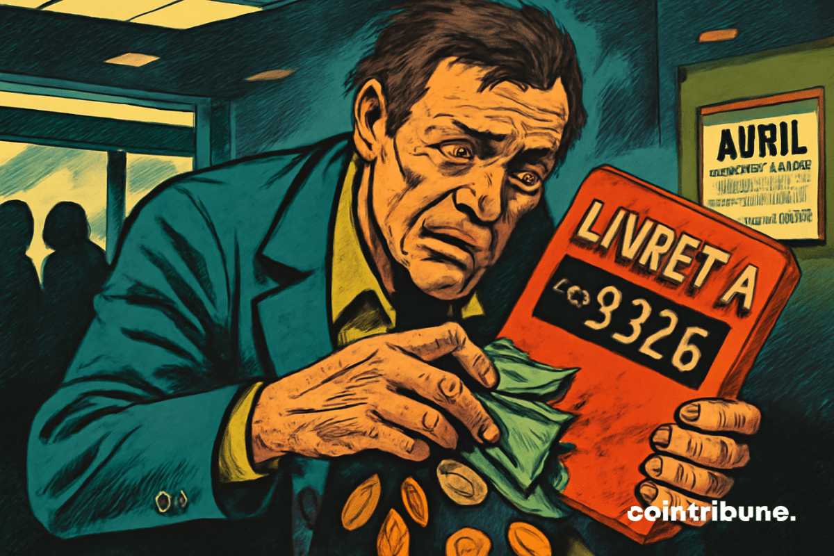 Illustration of a middle-aged man with a worried expression holding a Livret A savings book