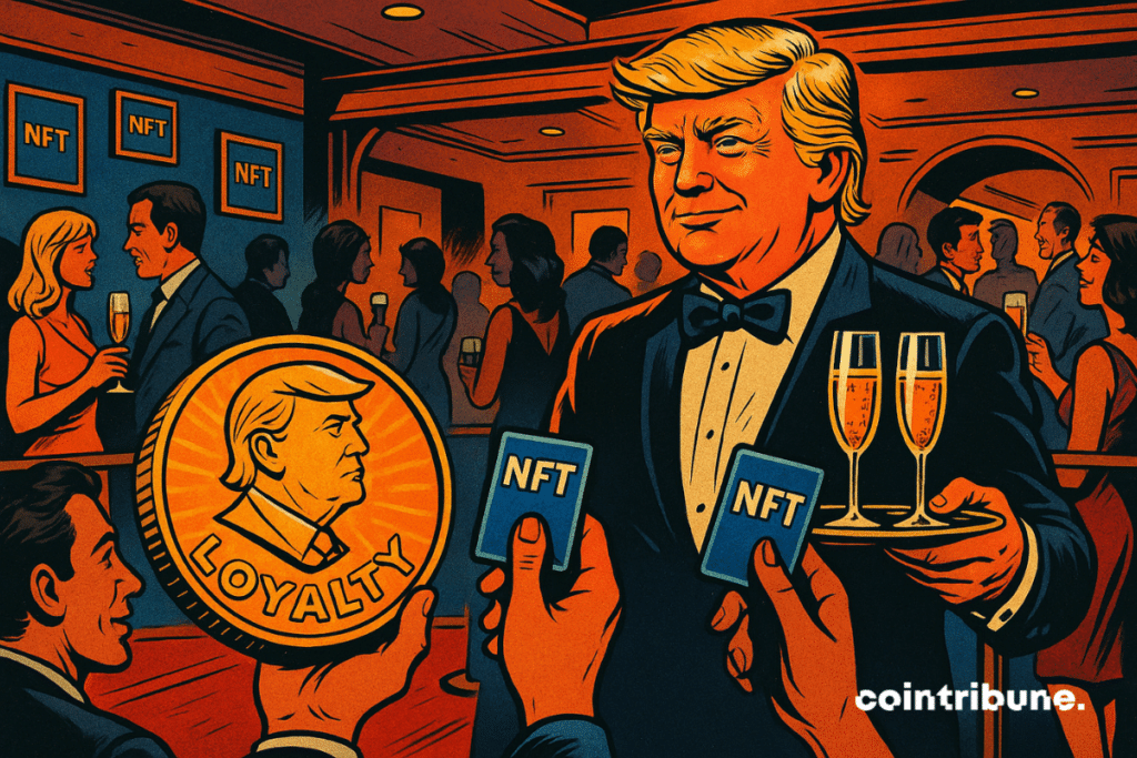 Trump serving at a private dinner with a crypto coin bearing his image and NFT cards