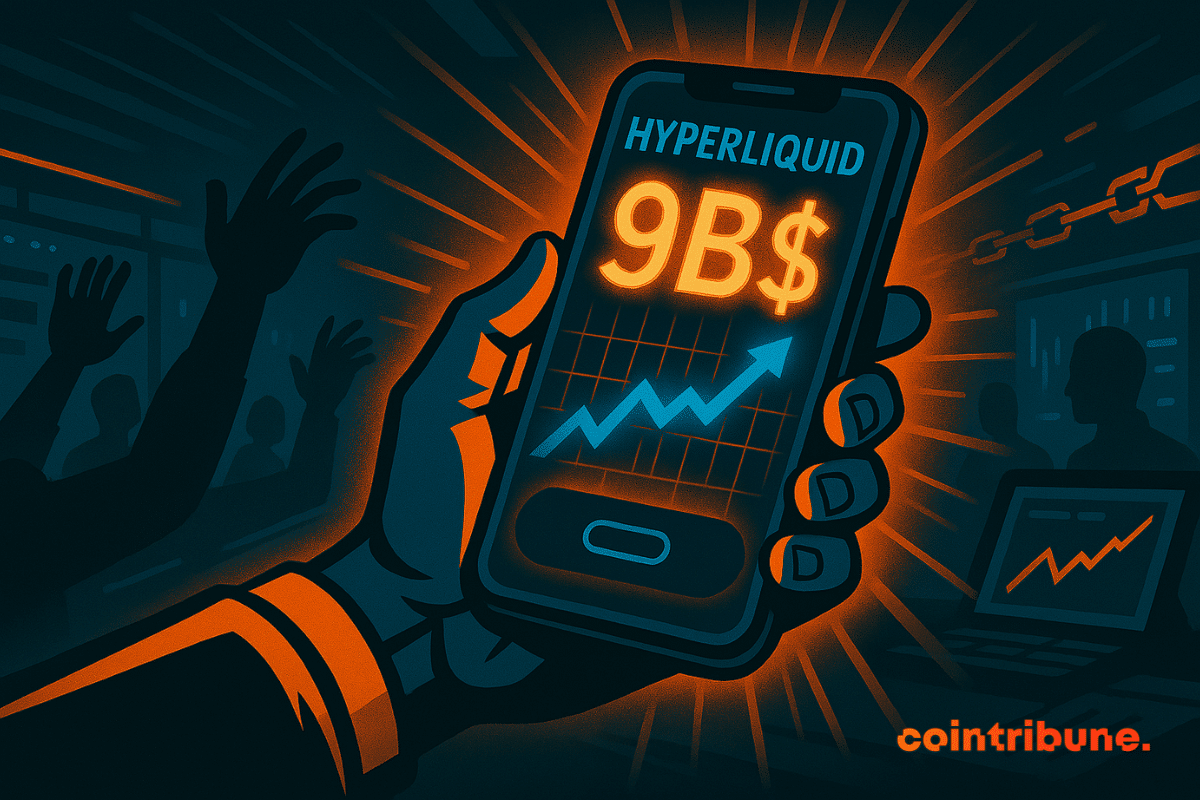 Una mano que sostiene un teléfono inteligente que muestra Hyperliquid y el número 9 mil millones de dólares, con sombras de personas levantando sus manos en el fondo.