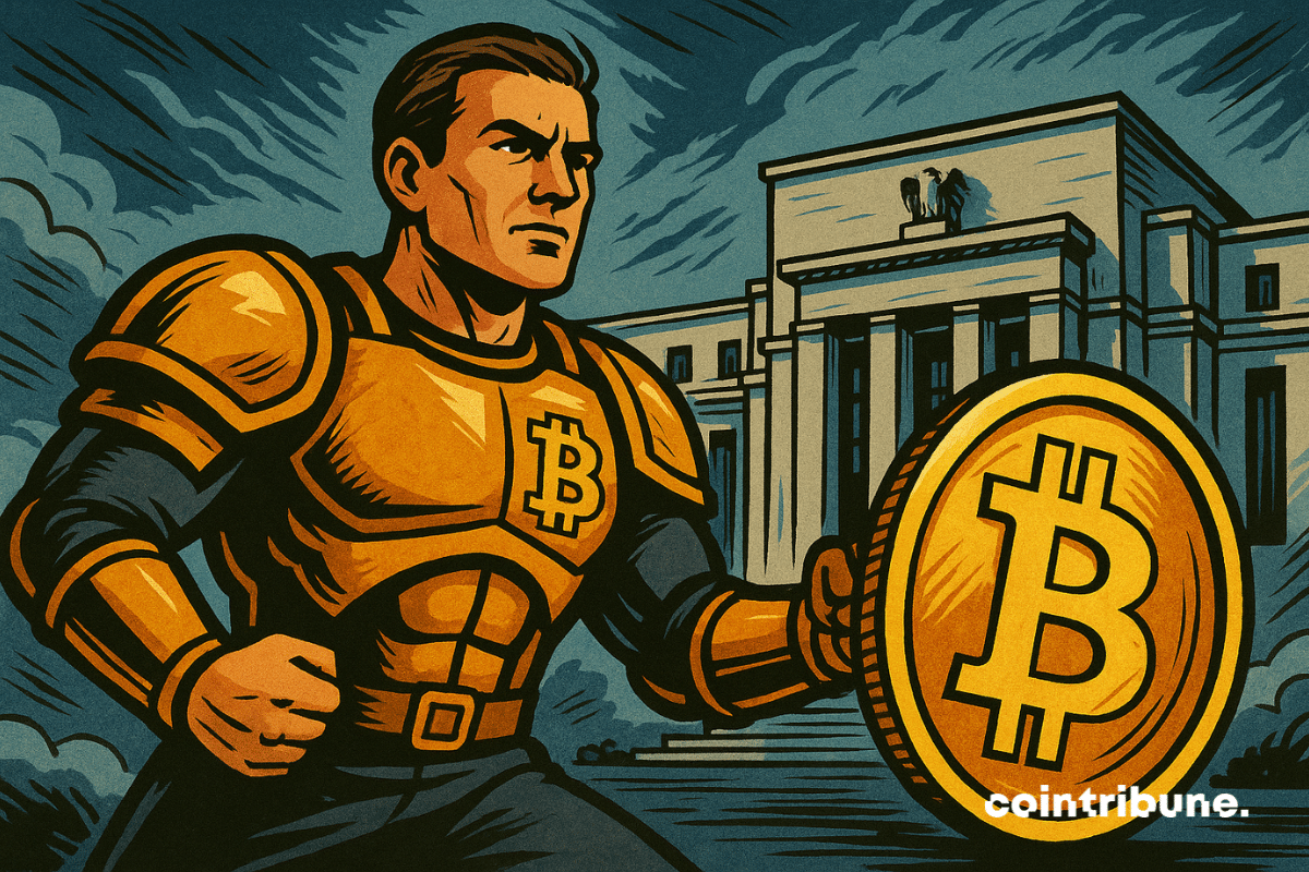 Un investisseur haussier du Bitcoin en armure crypto face à la Fed.