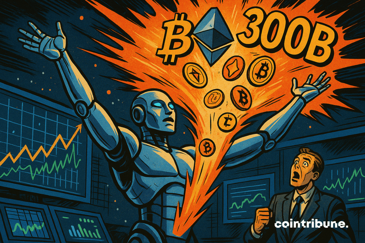 Ilustração de uma inteligência artificial humanoide impulsionando criptomoedas explosivas