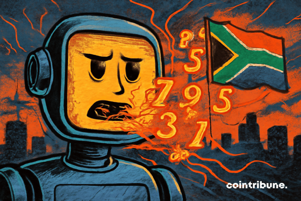 Illustration d'une IA Un robot au visage carré affiche une expression inquiète tandis que des chiffres lumineux orange s’échappent de sa bouche digitale