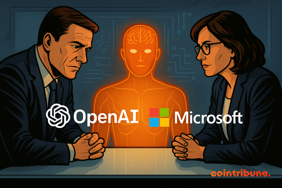 Two individuals sitting facing each other, with a humanoid AI in the middle, and Microsoft and OpenAI logos