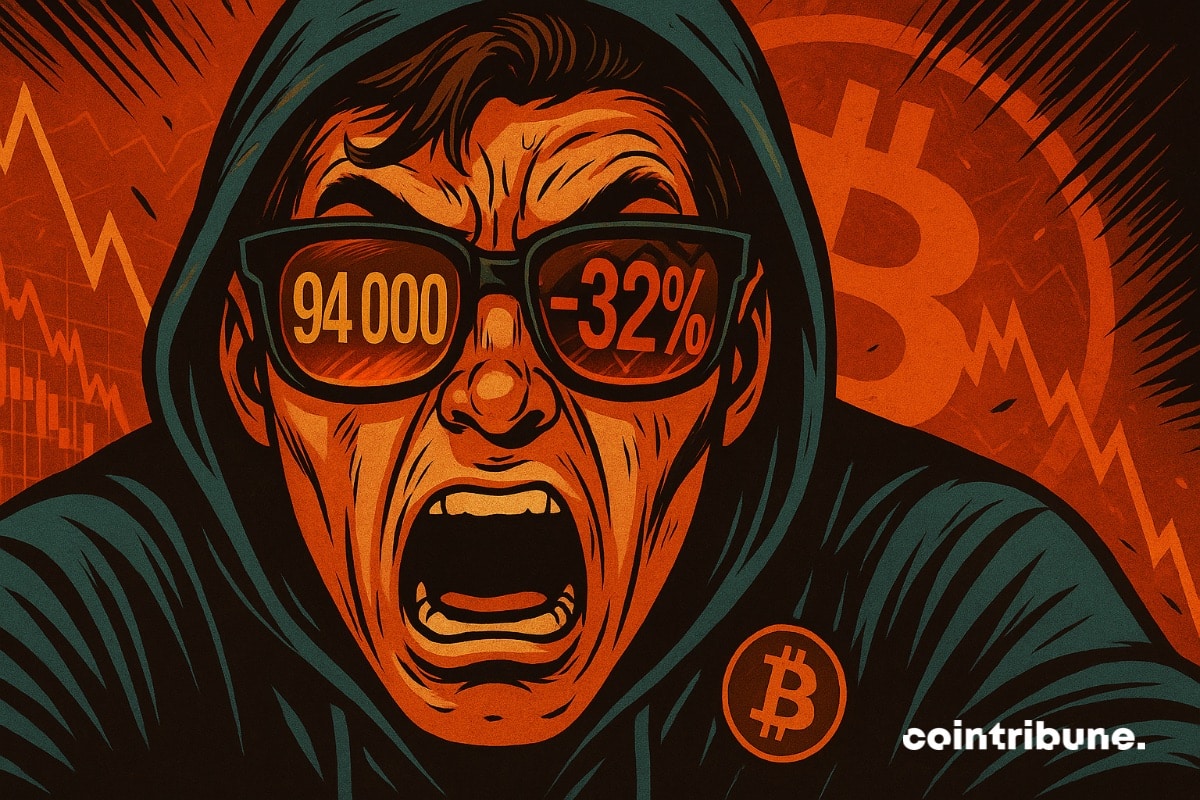Un investisseur bitcoin devant des graphiques en chute du BTC à 94 000 dollars.