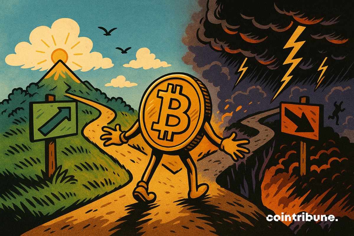 Un bitcoin personnifié qui est sur un chemin à deux voies. Une route mène vers le rebond et l’autre vers un effondrement.