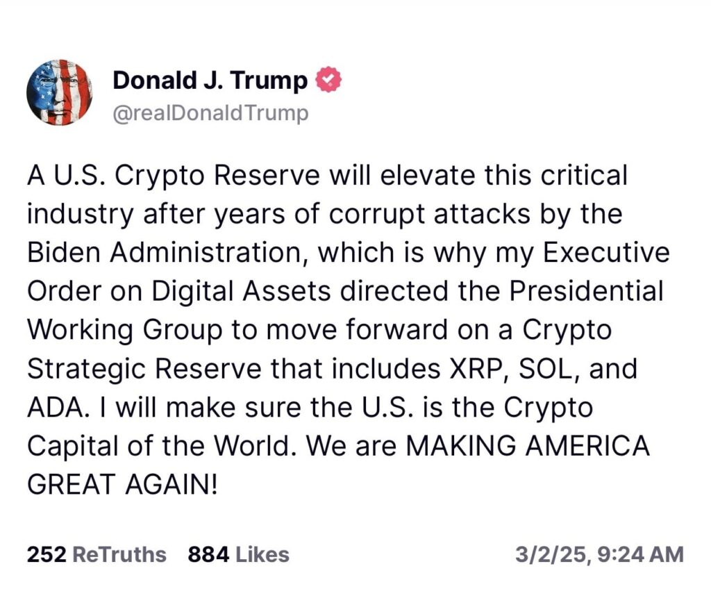 En marzo pasado, un mensaje publicado en la cuenta de Donald Trump proponía crear una reserva estratégica cripto para apoyar a ciertas empresas del sector, incluyendo Ripple Labs. Un guiño marcado a XRP, la criptomoneda emblemática de Ripple.