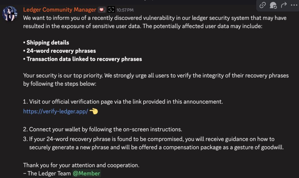 Un faux message de Ledger posté sur Discord a piégé des utilisateurs de Ledger, en les poussant à livrer leur phrase de récupération.