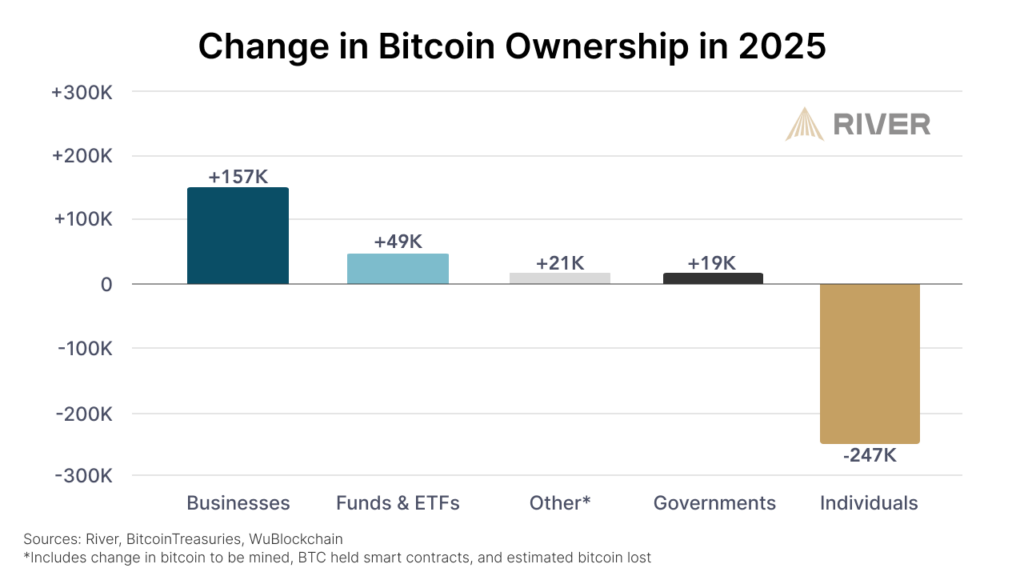 En 2025, les données montrent que les petits investisseurs bitcoin ont été globalement vendeurs nets. Selon les estimations, ils ont cédé 247 000 BTC, soit environ 23 milliards de dollars à la moyenne de prix de la période.