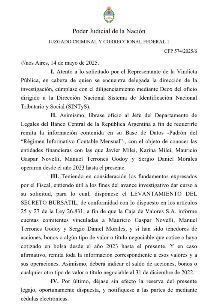 Face à l’ampleur du scandale, la juge fédérale María Servini a ordonné la levée du secret bancaire sur les comptes de Javier et Karina Milei.