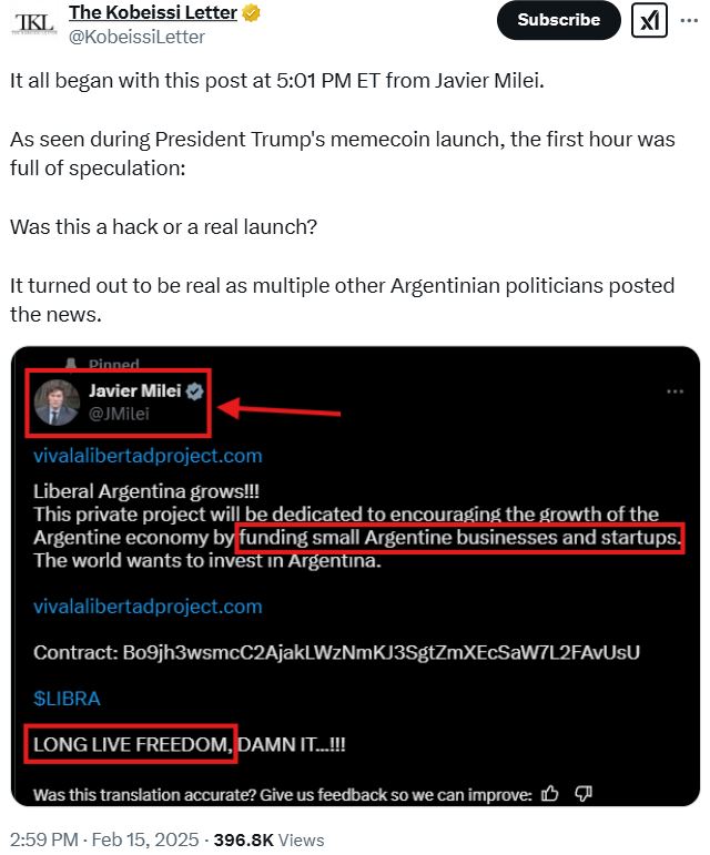 Javier Milei publie un tweet annonçant le lancement d’un projet crypto baptisé $LIBRA.