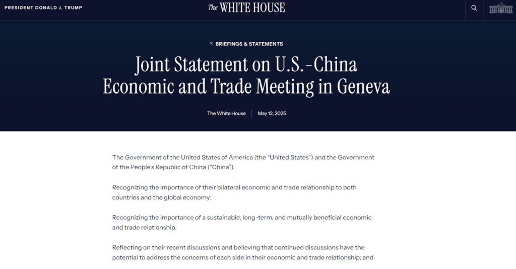 On May 12, the White House formalized a 90-day trade agreement with China, temporarily lowering tariffs to 10%. This propelled bitcoin to a new ATH.