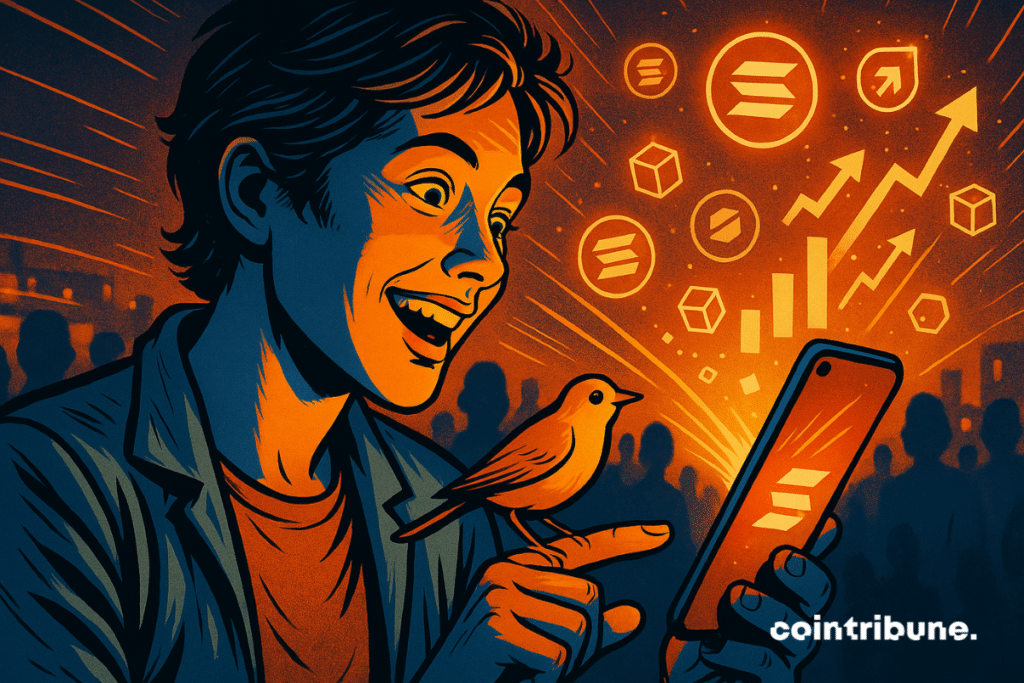 Jeune investisseur ébahi par un smartphone entouré de symboles divers dont un oiseau et un logo d'Ethereum