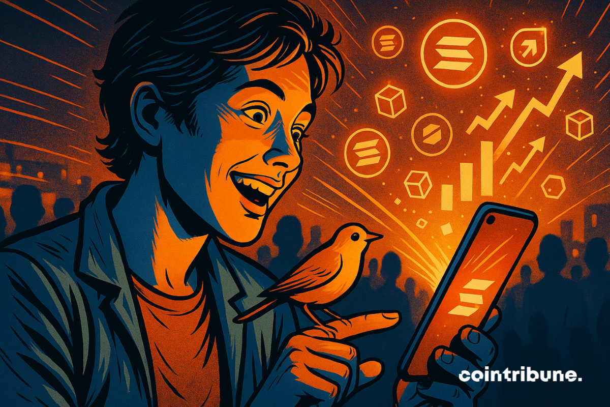 Young investor amazed by a smartphone surrounded by various symbols, including a bird and an Ethereum logo