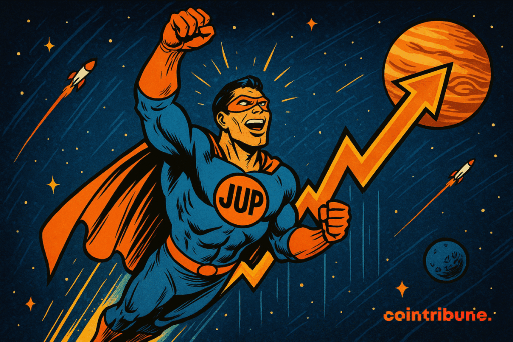 A superhero with “JUP” on his chest flies through space with a soaring upward arrow, symbolizing Jupiter’s strong market gains, surrounded by stars and rockets.