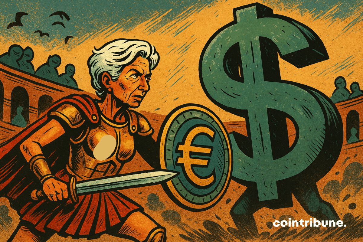 Christine Lagarde, en armure dorée marquée du symbole €, bras levé tenant un bouclier euro face à un colosse en forme de dollar vert menaçant.