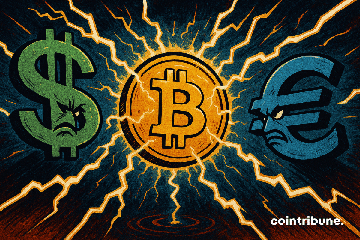 A imagem retrata um intenso confronto entre os símbolos do dólar ($), do euro (€) e do bitcoin (₿), estilizados no estilo dos quadrinhos dos anos 1970. O bitcoin, um pouco maior no centro, cercado por raios, irradia uma luz dourada dominante. O dólar à esquerda (verde) e o euro à direita (azul-escuro) exibem expressões hostis, enfatizando a rivalidade. O fundo tempestuoso e os raios reforçam a atmosfera de tensão monetária.