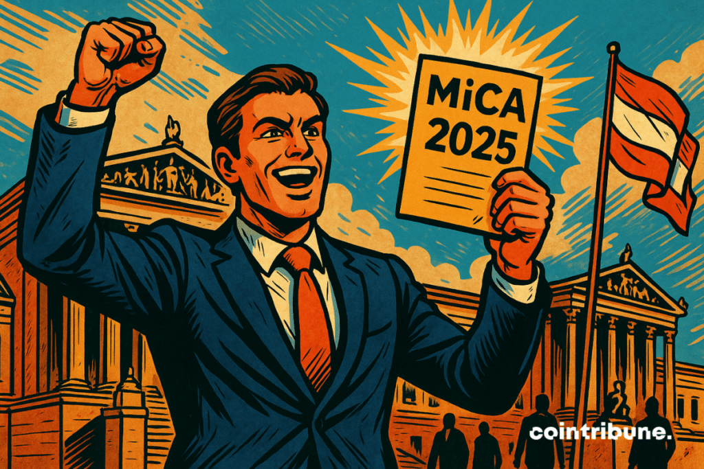 Comic-style 70s illustration showing a triumphant man in front of the Vienna Parliament, holding up the MiCA 2025 license with the Austrian flag in the background.