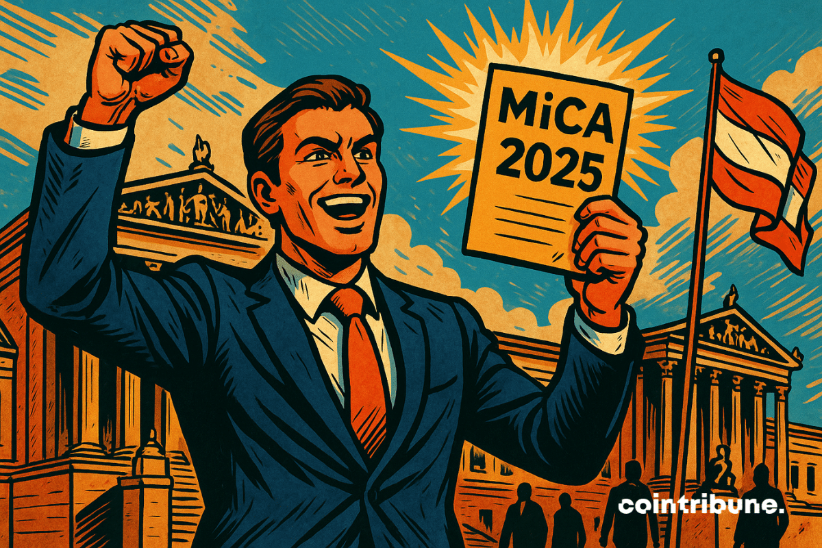 Illustration style comics 70s montrant un homme triomphant devant le Parlement de Vienne, brandissant la licence MiCA 2025 avec le drapeau autrichien en arrière-plan.