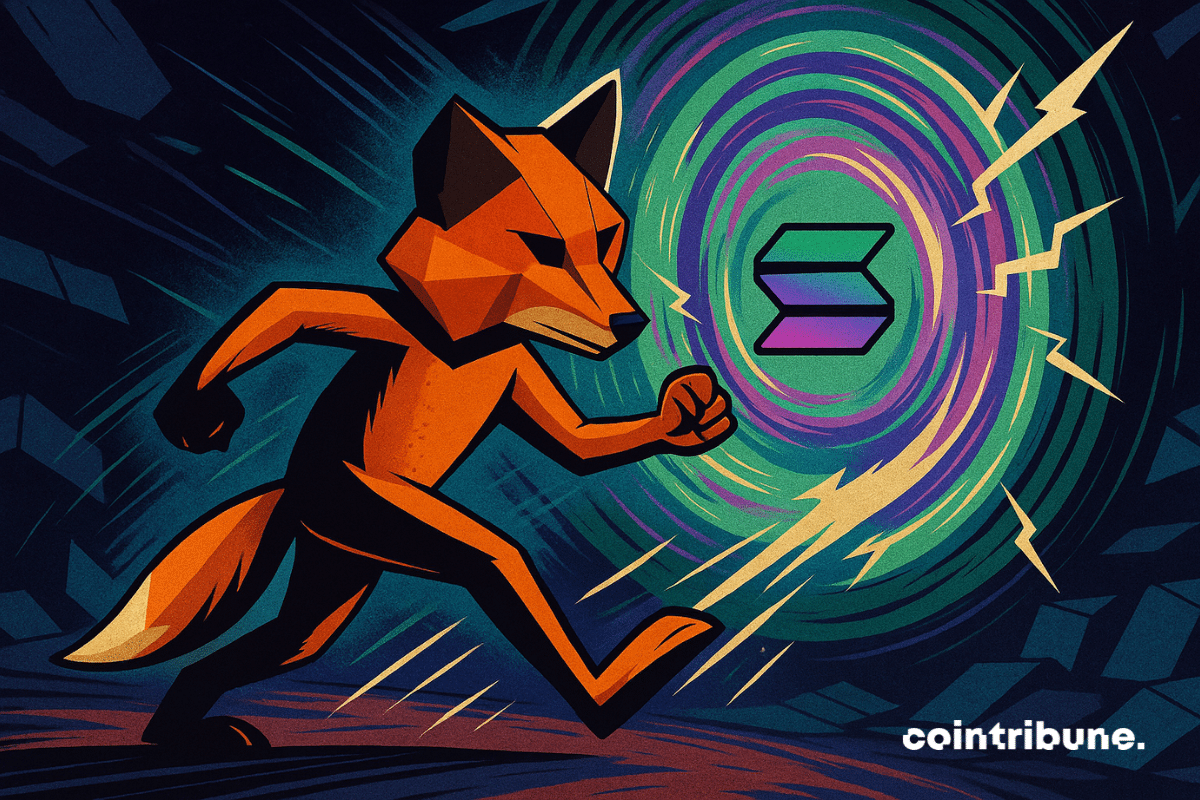 The MetaMask fox crossing an interdimensional Solana portal within the crypto universe.