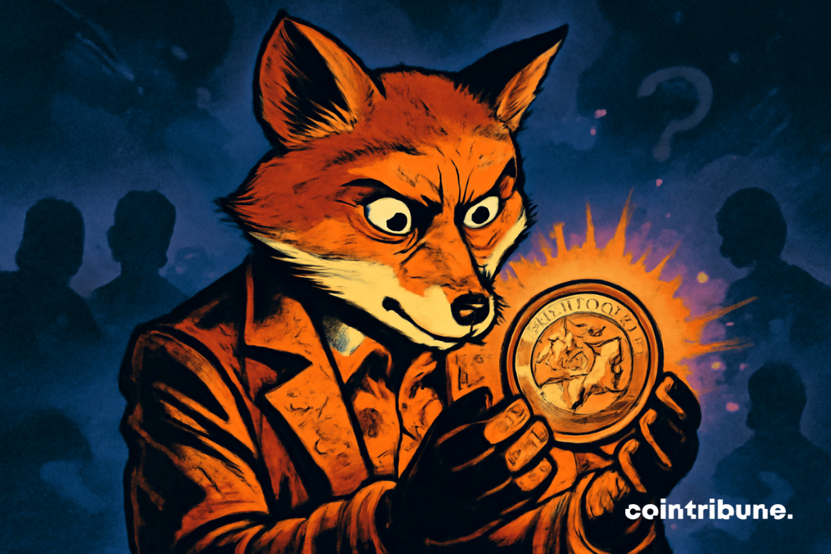 L’image montre un renard anthropomorphe, inspiré du logo MetaMask, qui tient une pièce de crypto lumineuse.